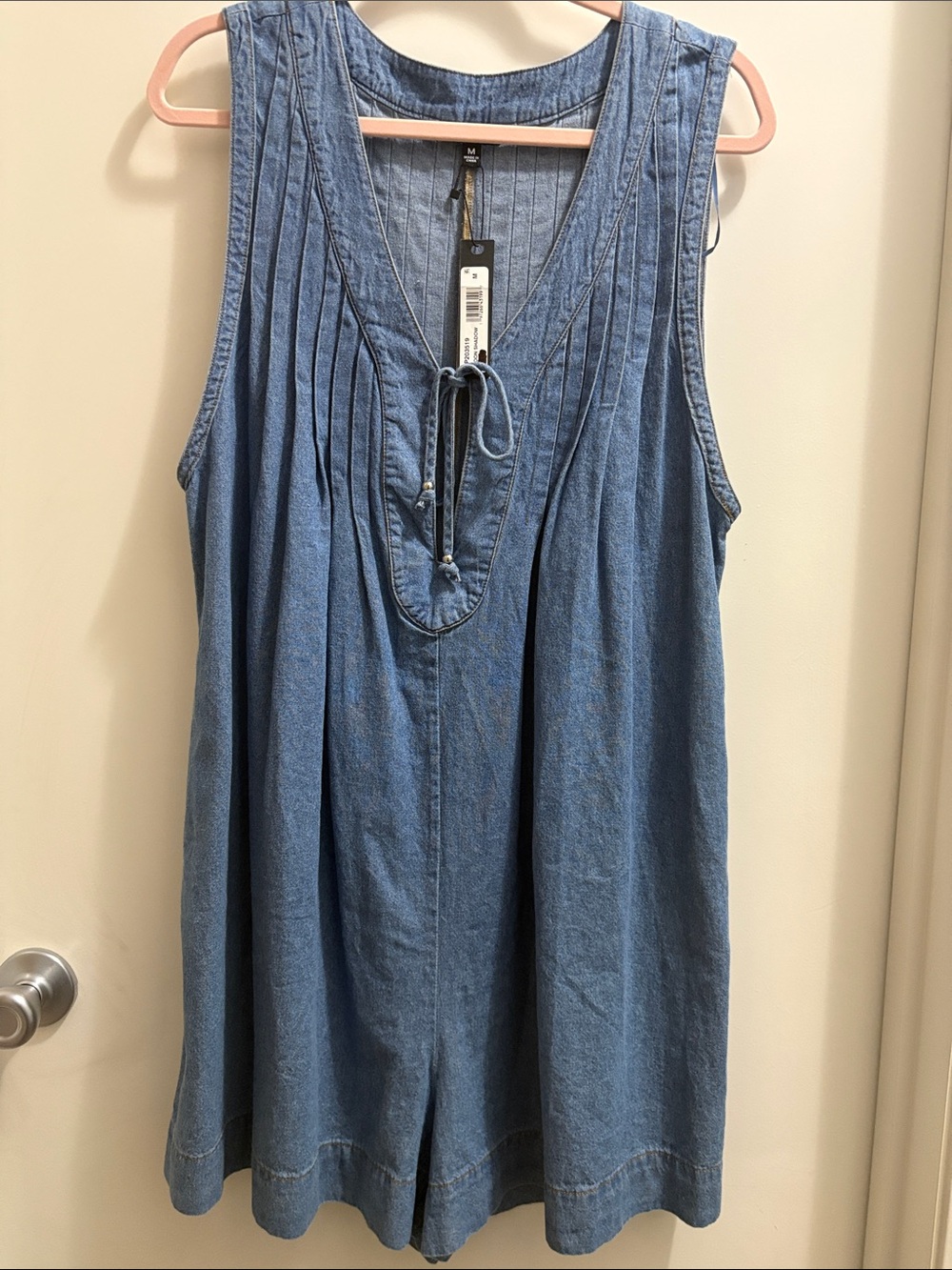 Sleeveless Indigo Denim Romper with V-Neck Tie